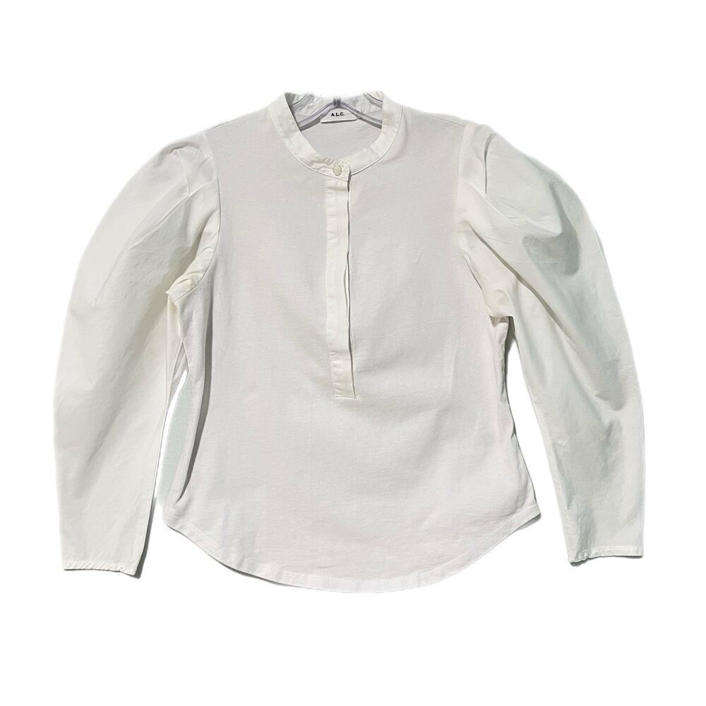 A.L.C. Women's White Long Sleeve Robbie Jersey Poplin Button Top 4 Puff Sleeves